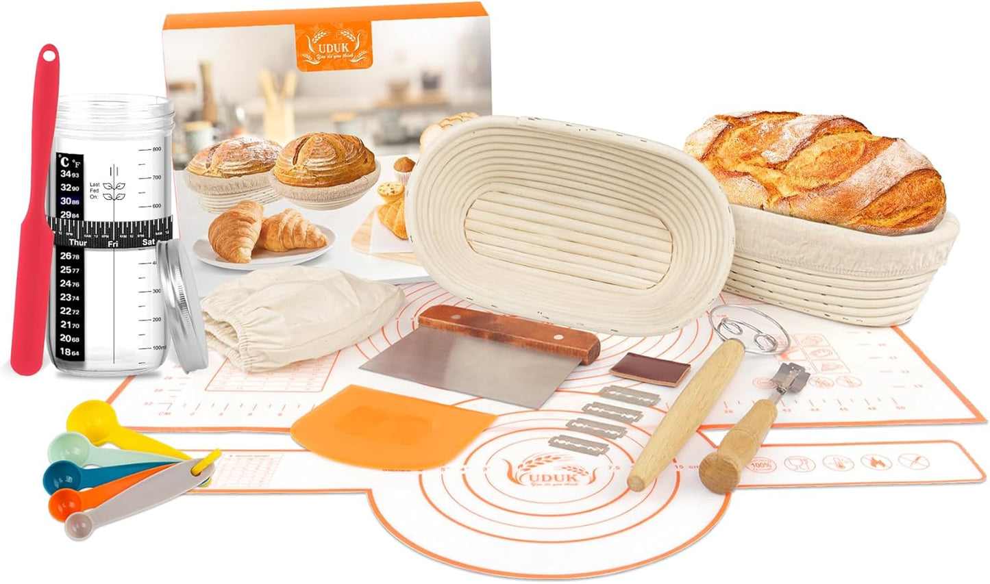2 24oz Sourdough Starter Kit with Oval Banneton Proofing Baskets, Sourdough Jar, Silicone Pastry Mat, Bread Sling