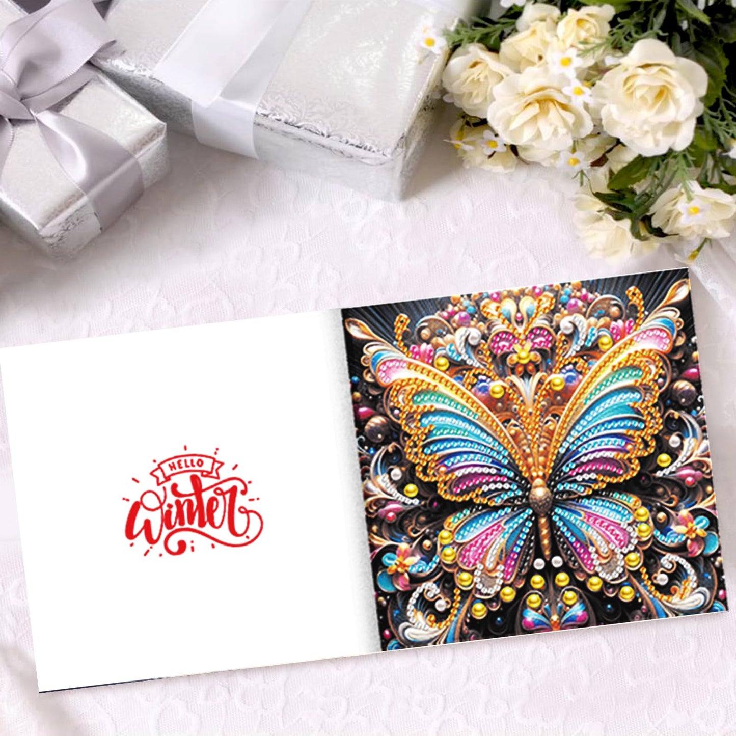 pigpigboss 6 Packs Butterfly Diamond Art Greeting Cards with Envelope, Special Shaped Drill Flower Butterfly Diamond Art Birthday Thank You Cards for Adult Holiday Blessing