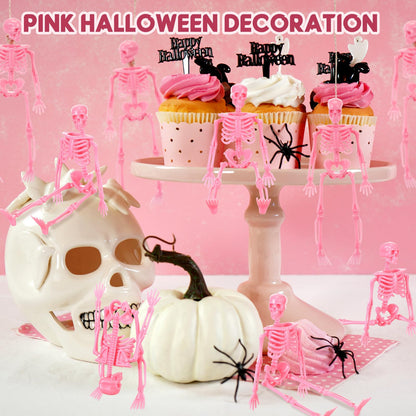 Jetec Halloween Mini Skeleton Pink Decor with Jute Rope 6 Inch Small Skeletons Plastic Skeleton Decorations for Craft Accessories Party Favors (12 Pcs)