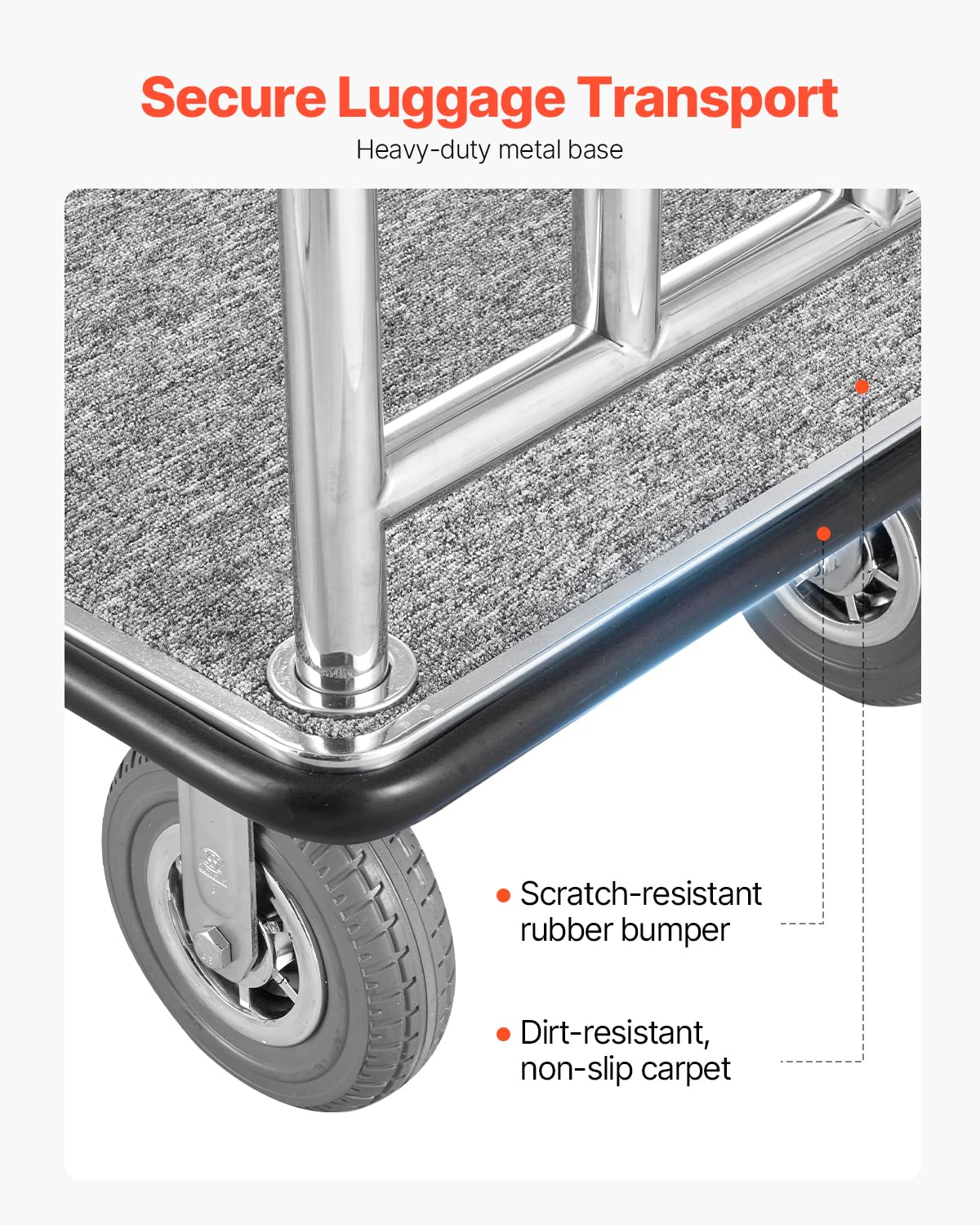 VEVOR Hotel Luggage Cart, Brushed Stainless Steel Finish Bellman's Cart, 1200 LBS Valet Cart with Grey Carpeted Deck and 8-inch Rubber Wheels, Ideal for Hotels, Condos, Resorts, Silver