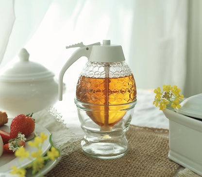 8 oz PAULSWAY Not Chromed Glass Honey Dispenser, Food-Grade ABS White Lid No Drip Glass with Stand Honey Jar Honeycomb