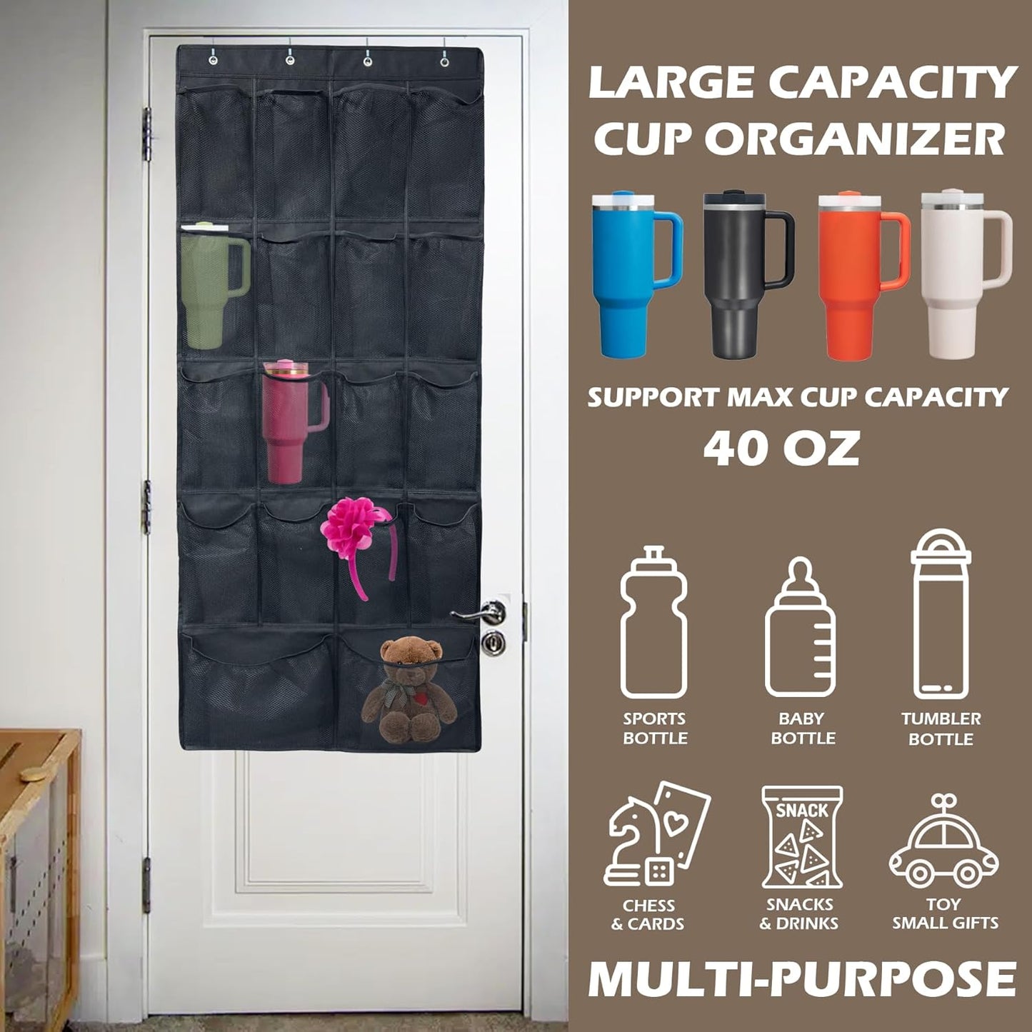 18 Pockets Door Hanging Water Bottle Organizer Rack, Large Capacity Door Storage for Stanley Tumbler in Classroom Office