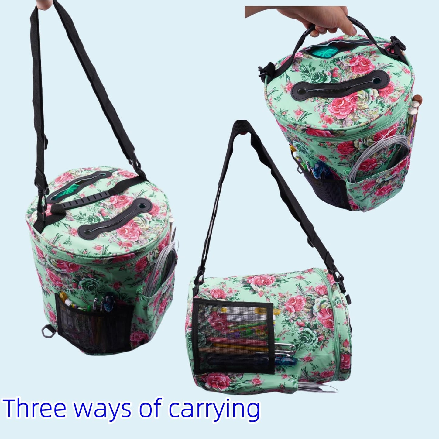 WAZAIGUR Green Flowers Pattern Large Capacity Multifunctional Crocheting Knitting Project Bag Strong Yarn Storage Organizer Bag Tote Travel Crochet Needles Bag