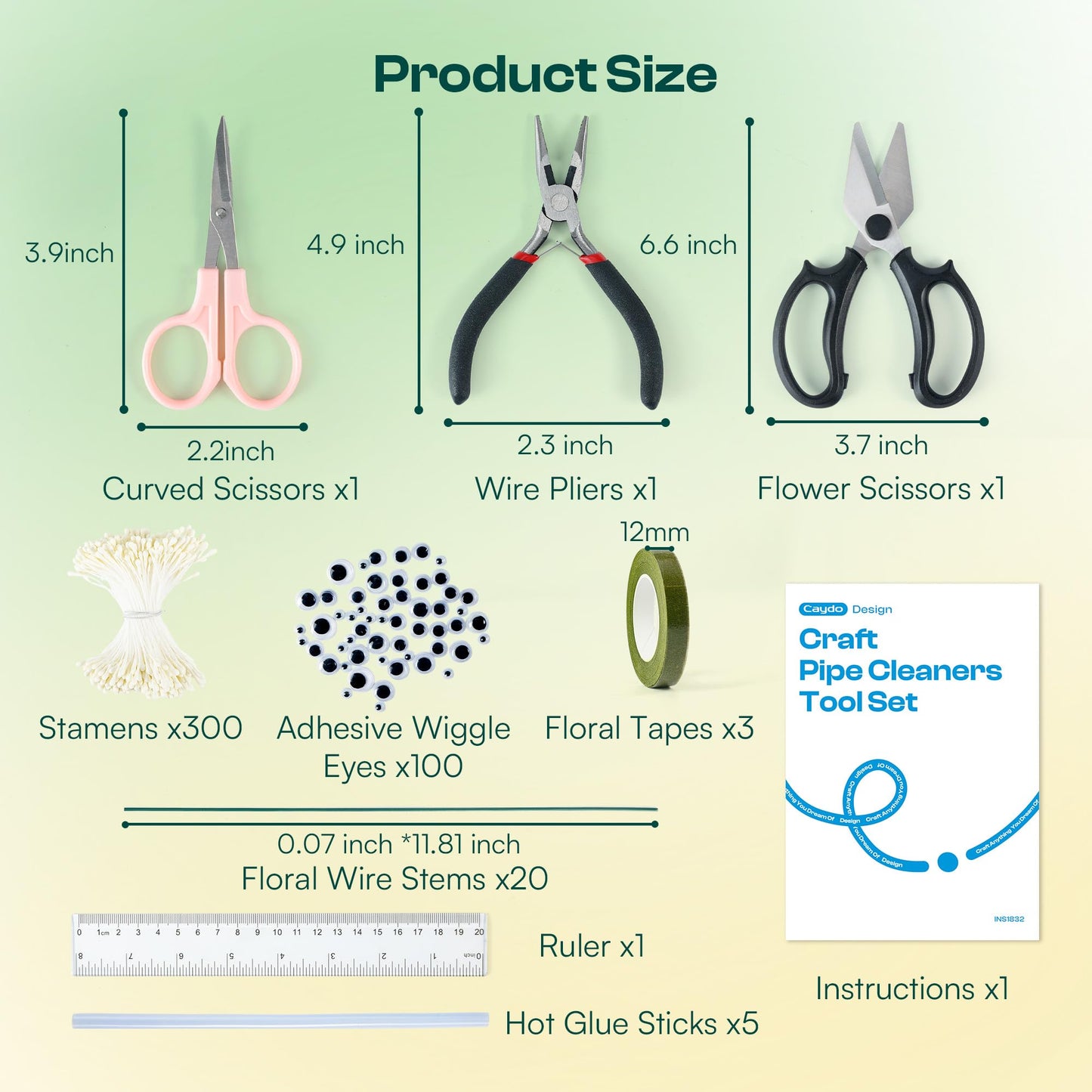Caydo 134 PCS Pipe Cleaners Flowers Making Tool Kit for Bouquet Making, Floral Arrangement Kit with Floral Wire Stems, Floral Tape, Curved Scissors, Flower Scissors, Needle Nose Pliers, Stamens