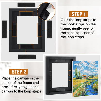 Qunclay 4 Pcs 8 x 10 Inch Canvas Floating Frame Black Floater Frames for Canvas Painting Wood Vertical and Horizontal Wall Hanging Frame with Adhesive Strips for Prints Oil Painting Diamond Decor
