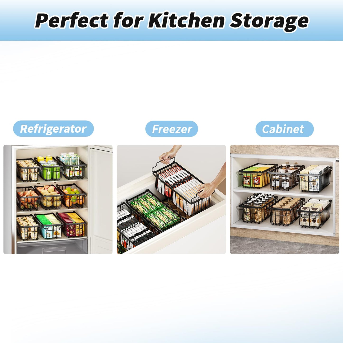 4 Pack Freezer Organizer Bins(14.6‘’L X 7.1‘’W X 5.2‘’H) Suitable for 5-7 Cu.Ft Chest Freezer Sort Frozen Meats | Stackablet Chest Freezer Organizer Bins Get Food Easily w/Handle, Gifts Ideas for Mom