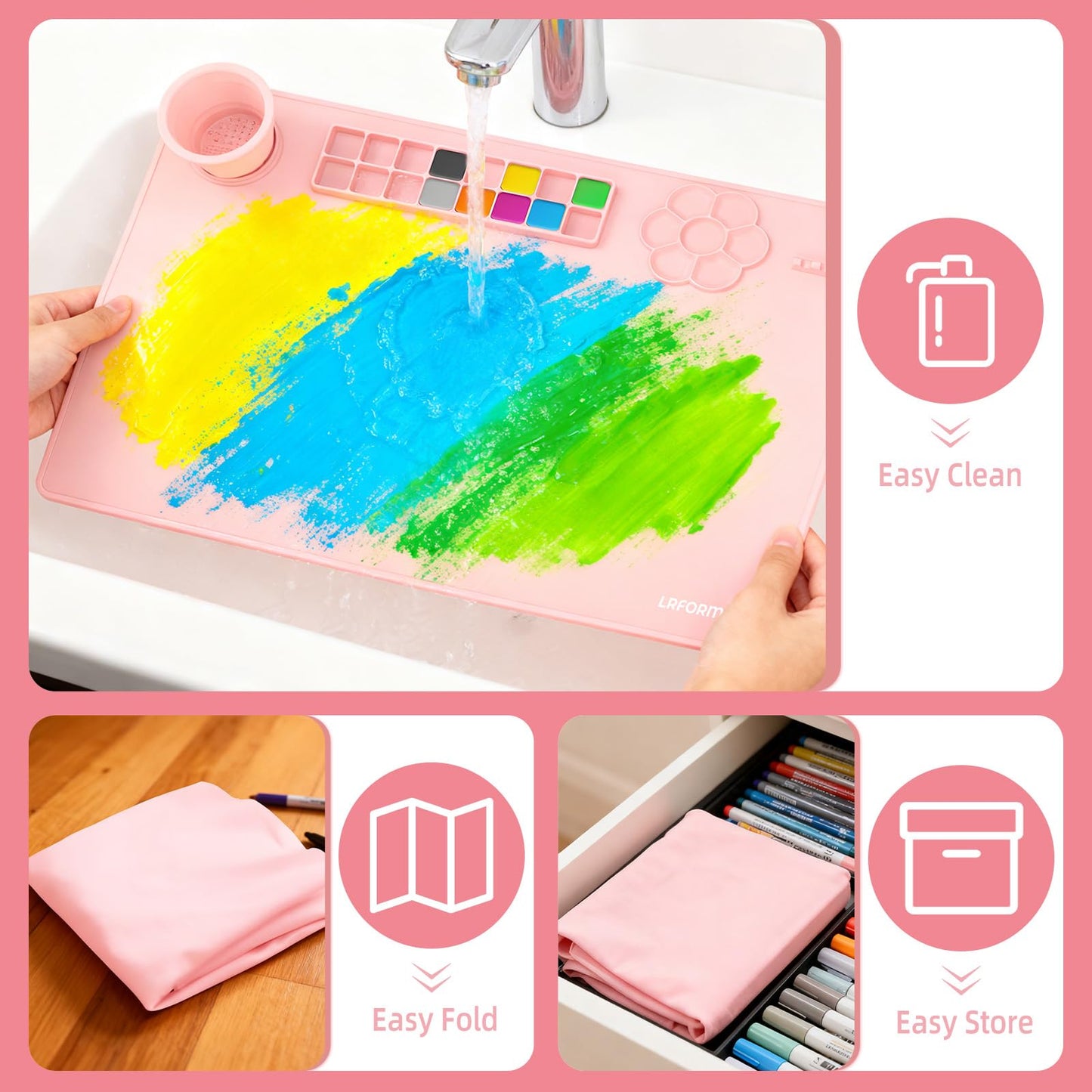 LRFORMB Silicone Painting Mat for Table Protection, 23.6 x 15.8in Drawing Mat with Nylon Brushes for Children, Art Mats with Cleaning Cup, Paint Palette, Clay Craft Mats for DIY (Pink)