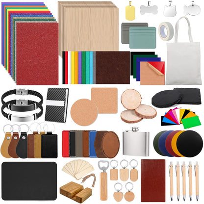 Vercleuim 134pcs Laser Engraving Blanks Kit, 28 Types Laser Engraving Supplies & Engraver Accessories with Basswood, PU Leather, Metal, Acrylic, Fabric for Laser Cutter Engraver