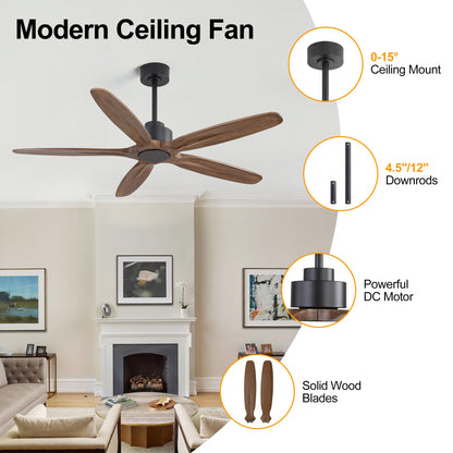 WINGBO 54 Inch Ceiling Fan without Light - 5 Carved Solid Wood Blades, 6-Speed Reversible DC Motor, Noiseless Remote Control Ceiling Fan No Light for Bedroom Living Room Kitchen, Black and Walnut