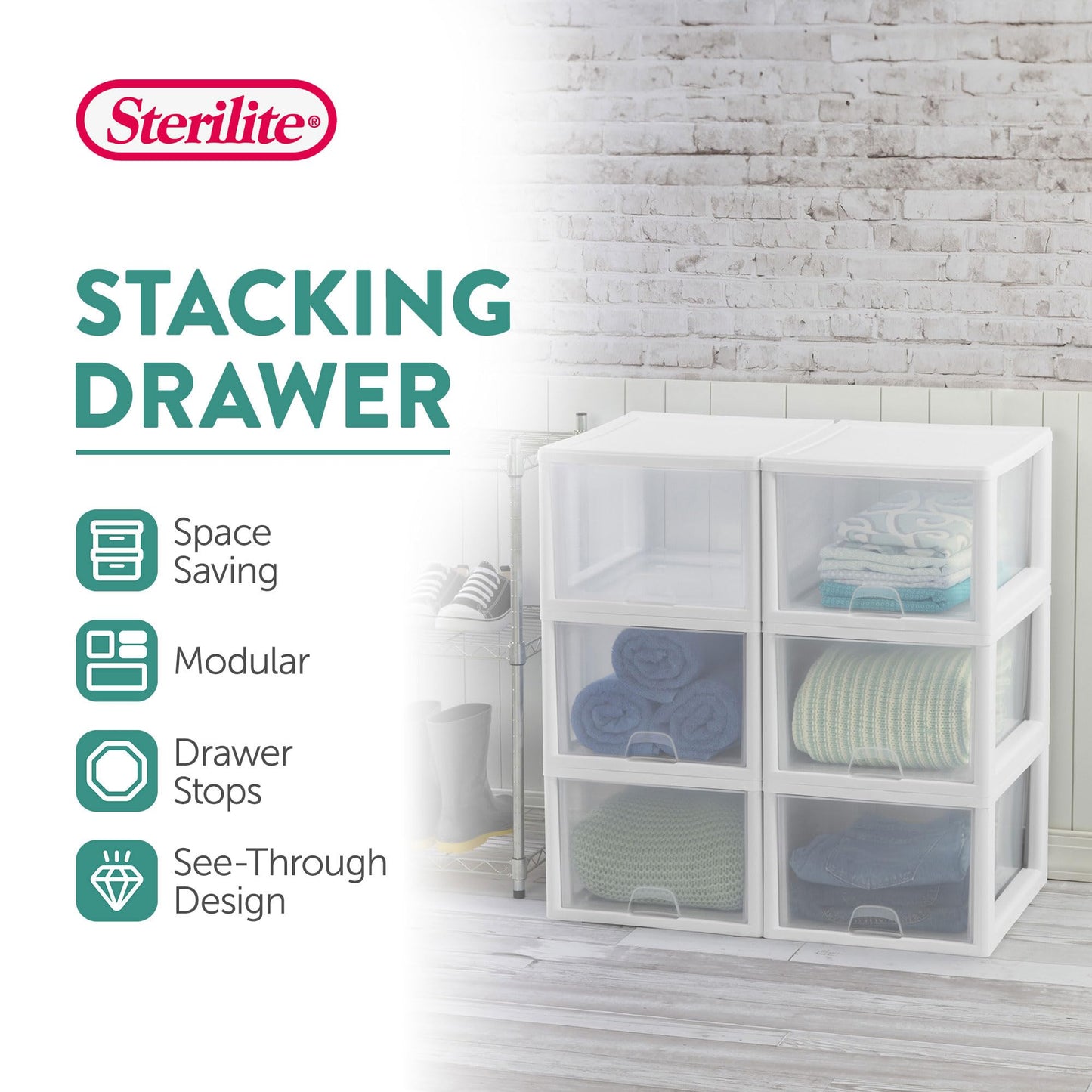 Sterilite 16-Pack 27 Quart Stacking Drawer, Clear Storage Closet Organizer, White Frame - Stackable Modular Plastic Drawers for Clothes, Accessories, Craft Supplies, Shoes or Linens