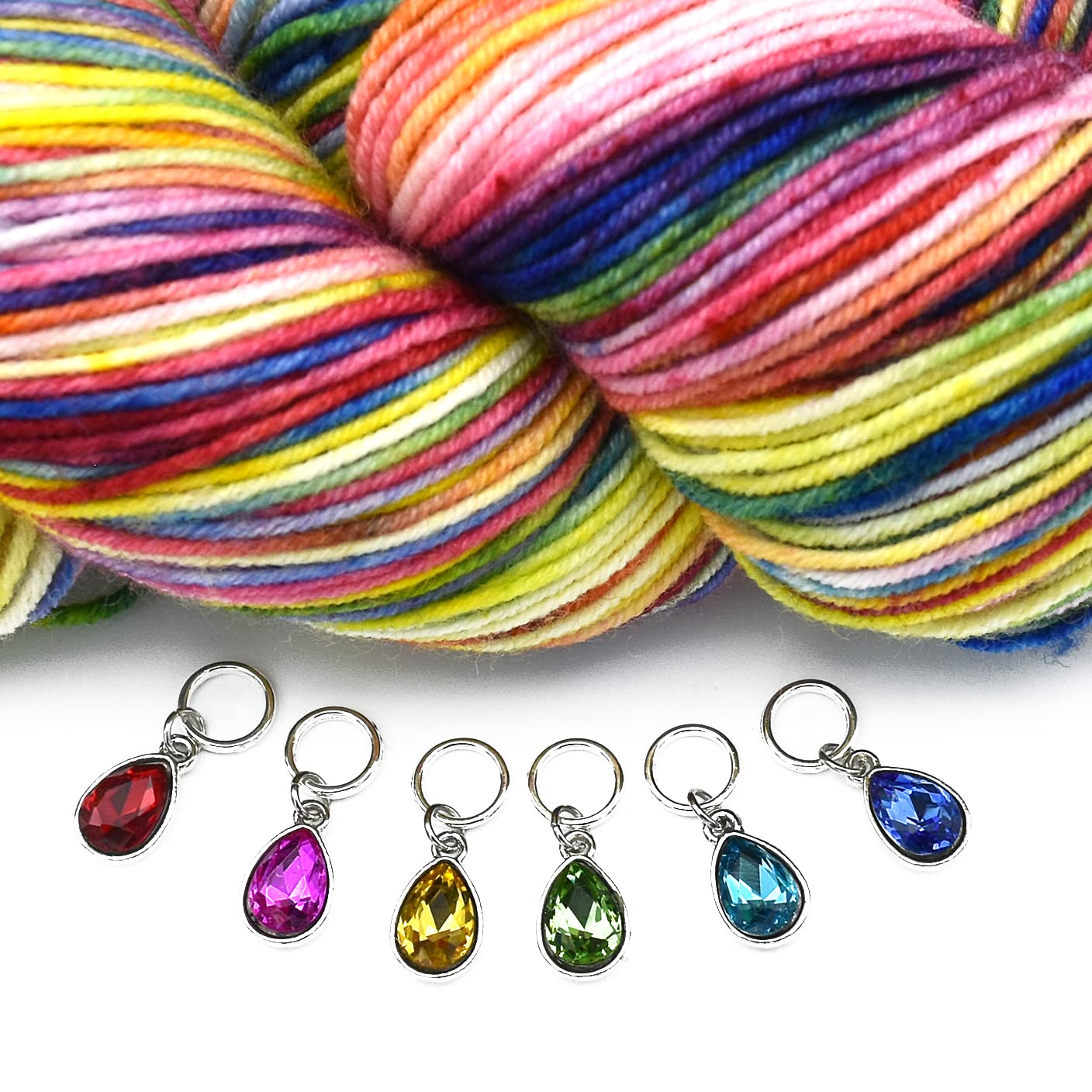 Pretty Warm Designs Rainbow Crystal Drop Stitch Markers for Knitting with Storage Tin - Set of 6 Sparkly Jewel-Tone Charms on Snag-Free Rings - Handmade Yarn Notions