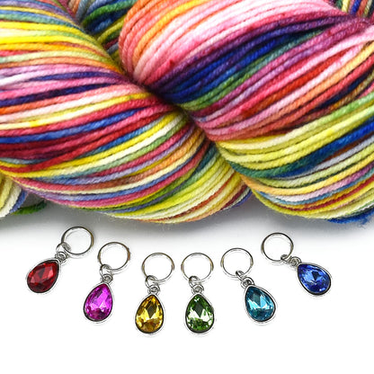 Pretty Warm Designs Rainbow Crystal Drop Stitch Markers for Knitting with Storage Tin - Set of 6 Sparkly Jewel-Tone Charms on Snag-Free Rings - Handmade Yarn Notions