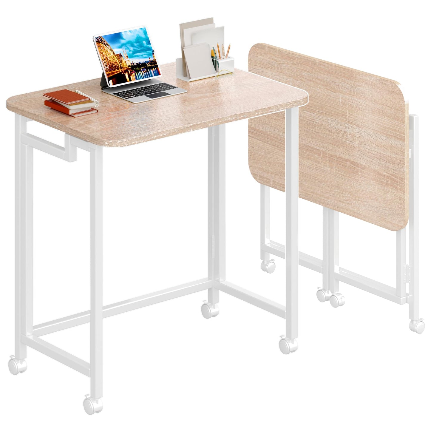 4NM 23.6" Mobile Small Rolling Computer Desk, Folding Laptop Cart Table with Wheels, Portable Office Desk for Small Space Couch Bed - Natural and White