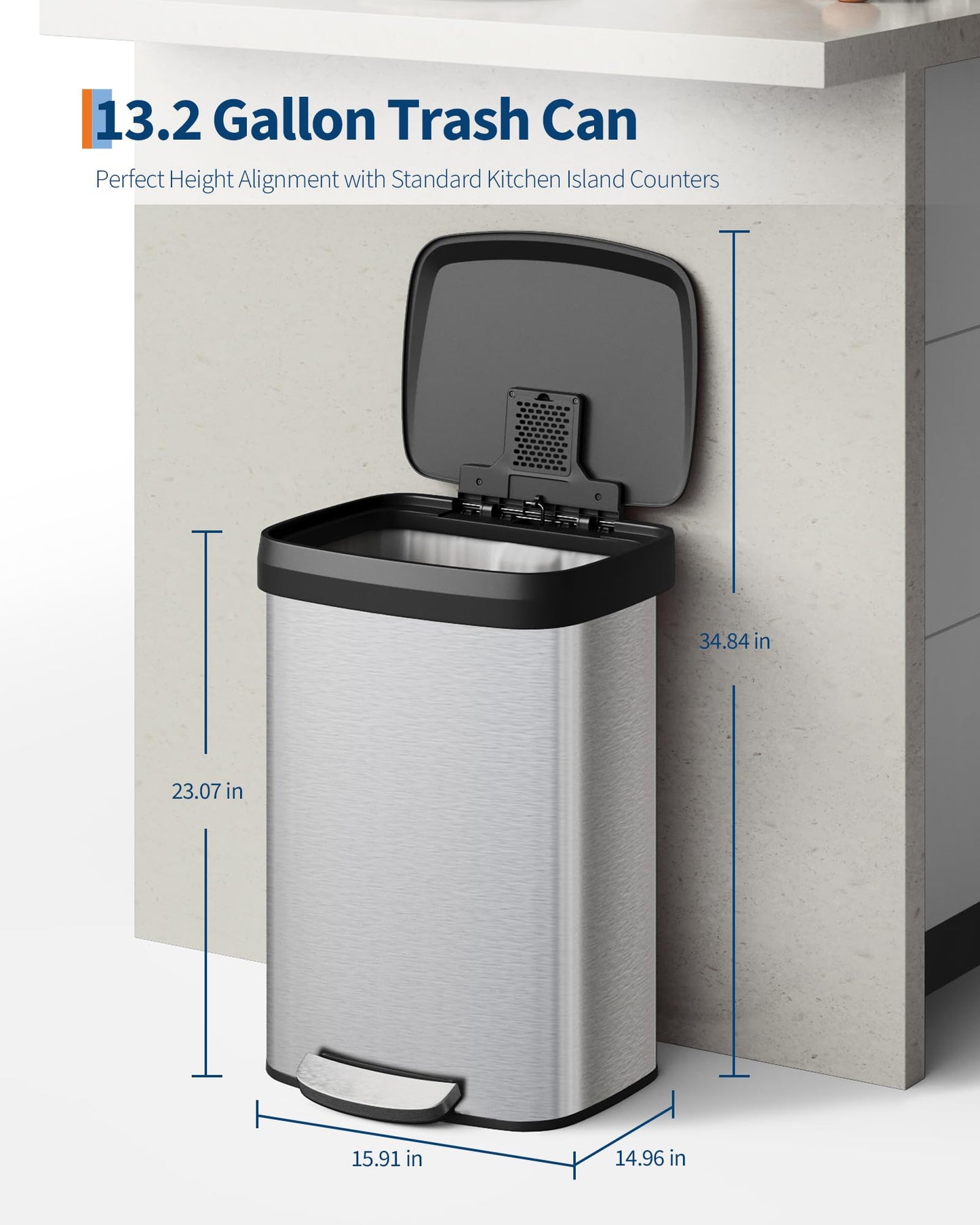 Garvee 13 gal / 50 L Stainless Steel Trash Can with Lid, Large Garbage Can for Kitchen, Rustproof Step-on Kitchen Metal Trash Bin with Liner Rim, Rear Handle, Soft Close Plastic Lid, Silver