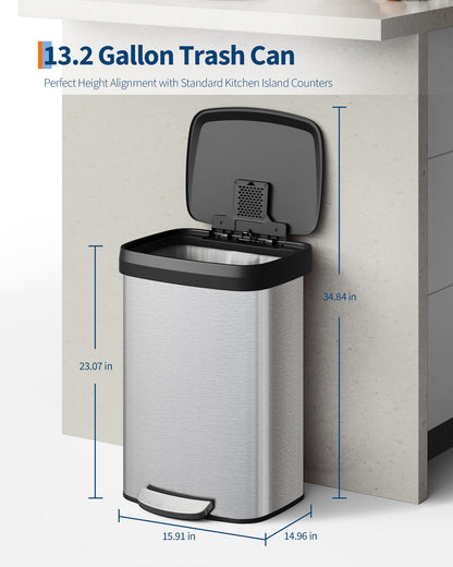 Garvee 13 gal / 50 L Stainless Steel Trash Can with Lid, Large Garbage Can for Kitchen, Rustproof Step-on Kitchen Metal Trash Bin with Liner Rim, Rear Handle, Soft Close Plastic Lid, Silver