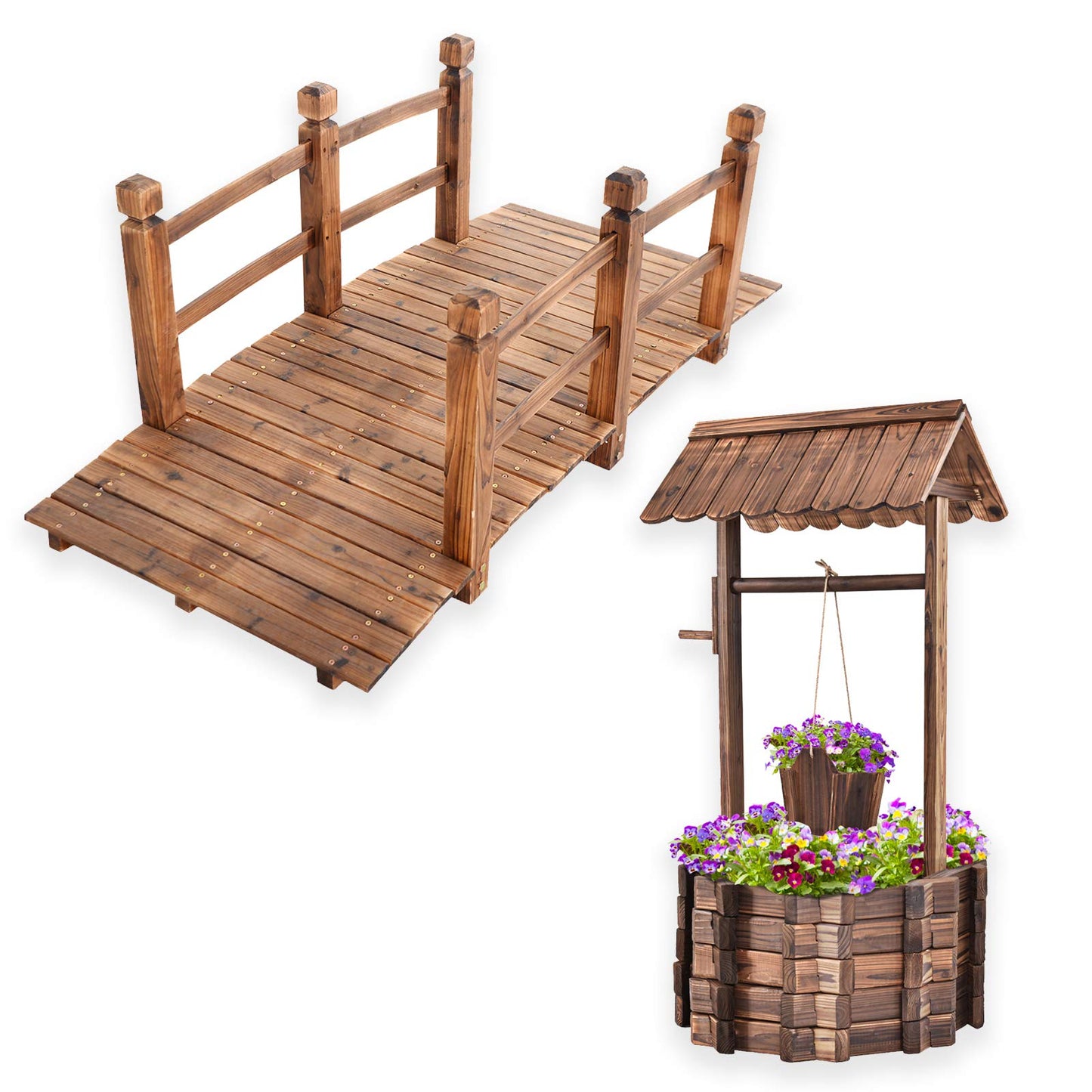 S AFSTAR Wooden Garden Bridge, 5FT Stain Finished Arch Footbridge with Safety Rails for Garden Patio Yard, Outdoor Pond Bridge & Wishing Well Planter Set