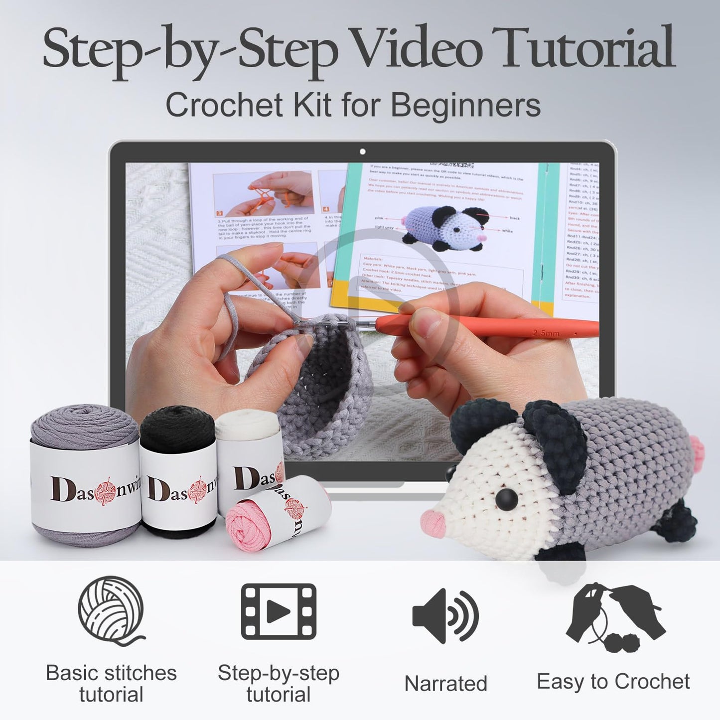 Dasonwin Crochet Kit for Beginners Adults & Kids, Learn to Crochet Step-by-Step with Video Tutorials, Easy Amigurumi Animal DIY Craft Kit, Complete Starter Set,Gift for Women & Teens