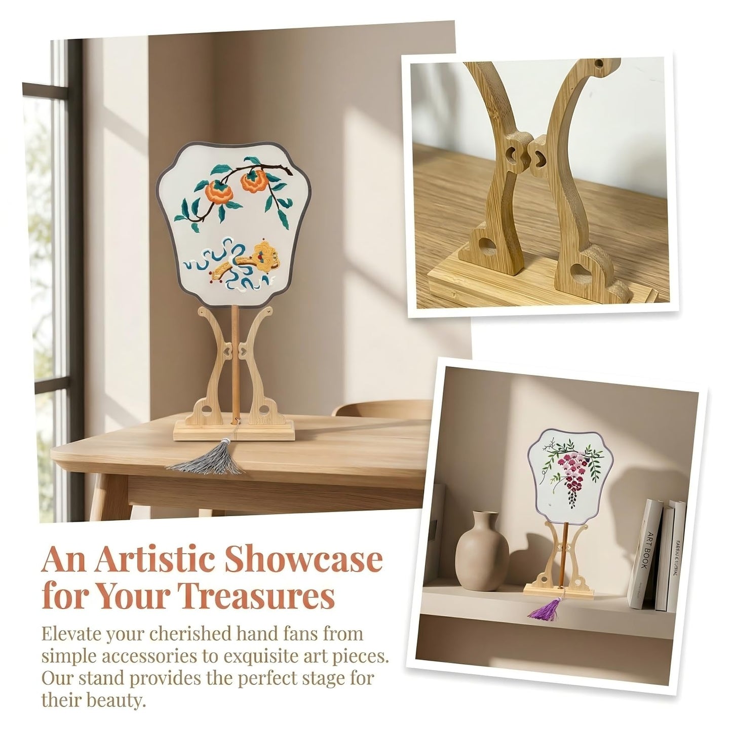 QIZUOLIFE Bamboo Fan Display Stand, Sturdy Holder for Chinese Tuan Shan, Embroidery Round Fan, Elegant Desktop Decor Stand