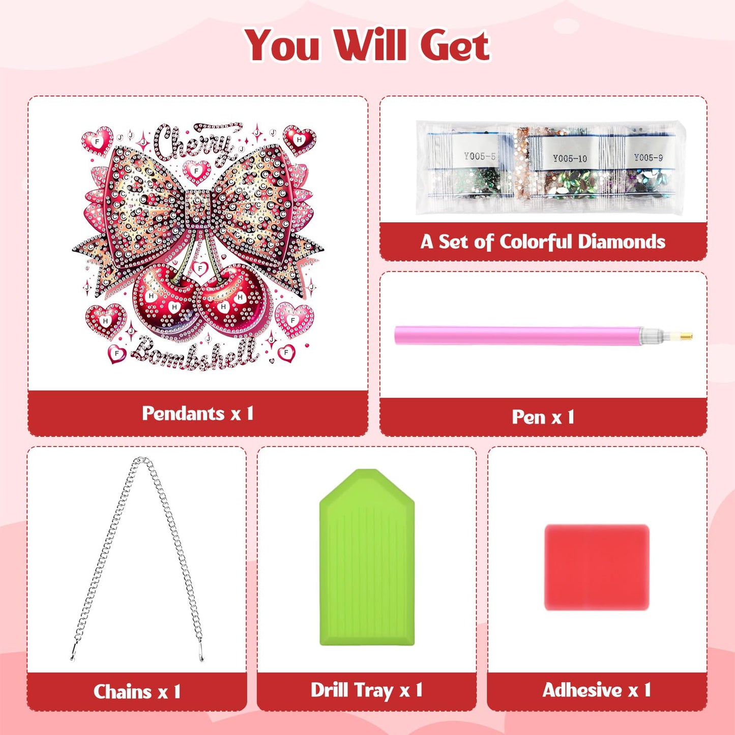 GHHKUD Cherry Bow Diamond Art Hanging Kit for Adults, DIY Double Sided Diamond Painting Hanging Valentines Kits Adults, Special Shaped Acrylic Ornaments Pendants for Window Home Garden Wall