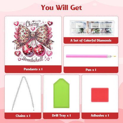 GHHKUD Cherry Bow Diamond Art Hanging Kit for Adults, DIY Double Sided Diamond Painting Hanging Valentines Kits Adults, Special Shaped Acrylic Ornaments Pendants for Window Home Garden Wall