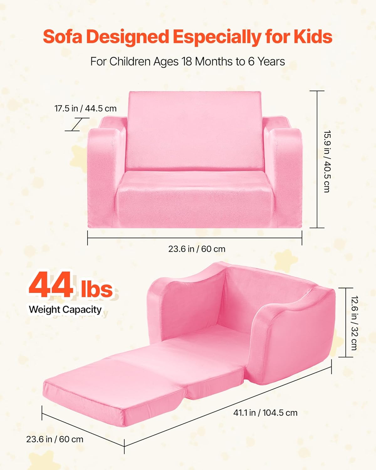 2-in-1 28D VEVOR Kids Sofa, Foldable Toddler Soft Couch with Armrests, Made of Sponge & Short Pile, Convertible Toddler