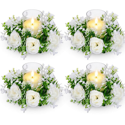 Yunlly 4 Pcs White Rose Candle Wreaths Rings Roses and Green Leaves Candle Holder Rings with LED Flameless Candles, 9.5" Wide for Wedding Windows Table Centerpieces