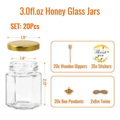 BIGIVACA 3 oz Mini Honey Jars - 20 Pack Hexagon Glass Jars with Wood Dippers, Gold Lids, Bee Pendants, Jutes, Stickers for Wedding Favors, Party Favors, Candle Making