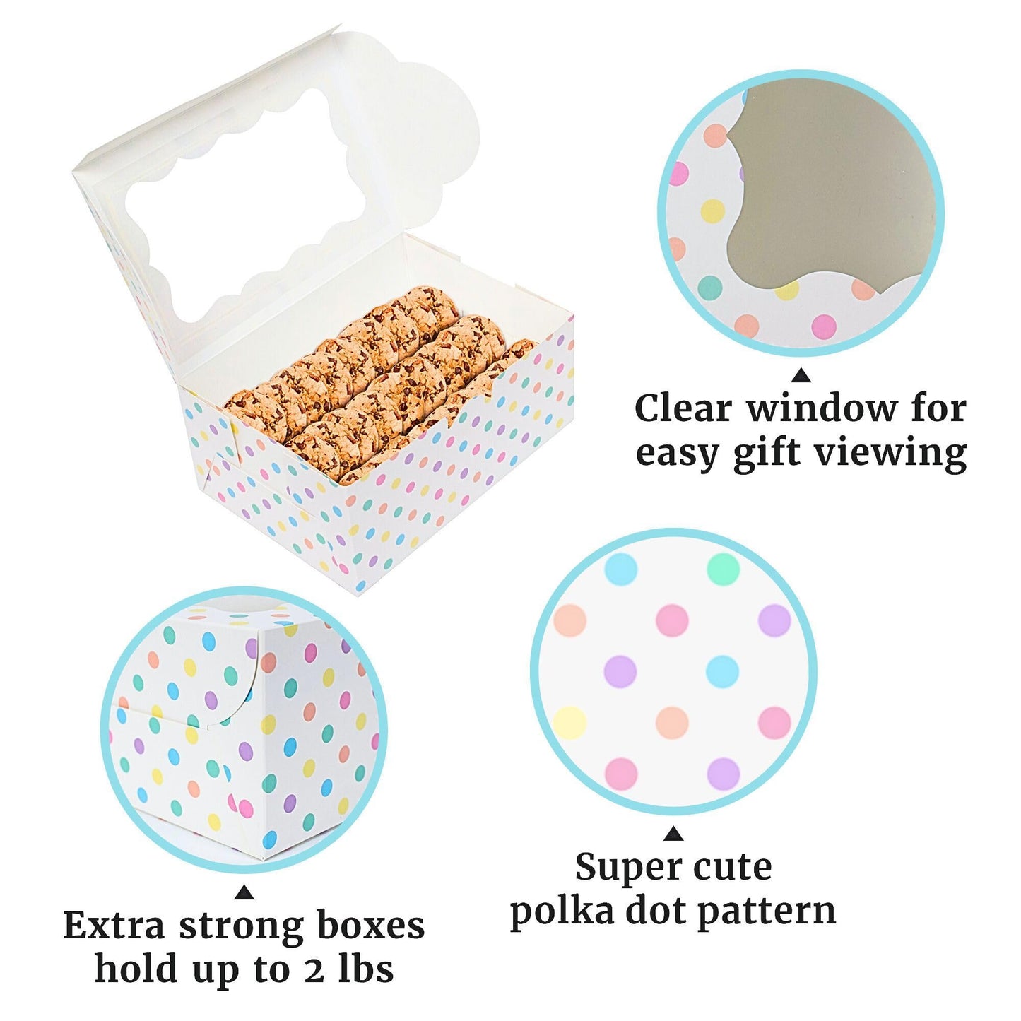 Perfect Occasion Polka Dot Cookie Boxes - 12 Pack - Pastel Polka Dot Cookie Boxes with Window - for Easter, Birthdays, Cupcakes, Pastries - Large Size Easily Fits a Dozen Cookies - 12 pcs
