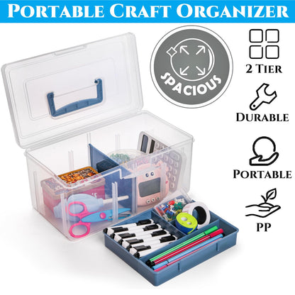 Acshio 2 Pack Plastic Dividing Storage Box, 2 Layer Multipurpose Craft Organizer and Storage Box with Removable Tray Handle, Portable Art Supply Container for Bead, Tool, Sewing