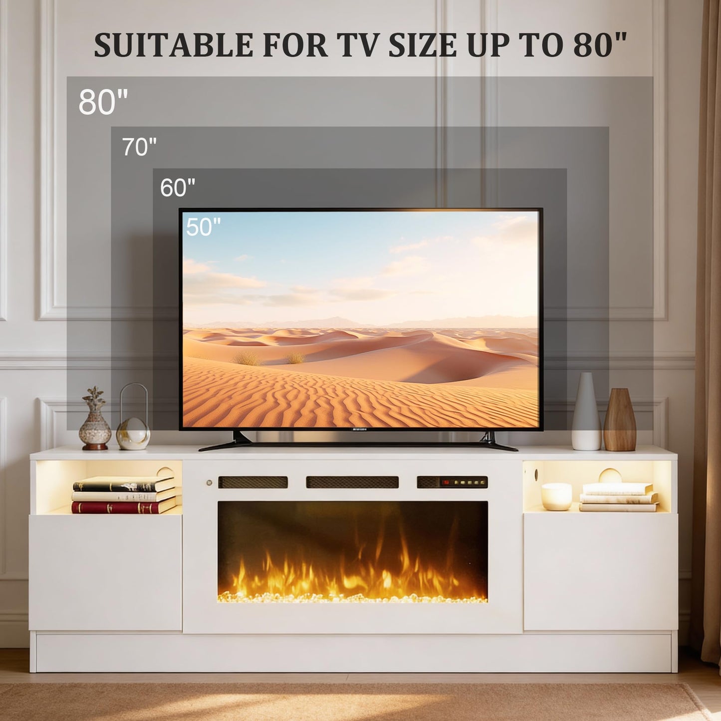 OneBlis 70" Fireplace TV Stand for TVs Up to 80",Entertainment Center with 36” Electric Fireplace and 12 Colors LED Lights,Large TV Console with Storage Cabinet for Living Room,All White