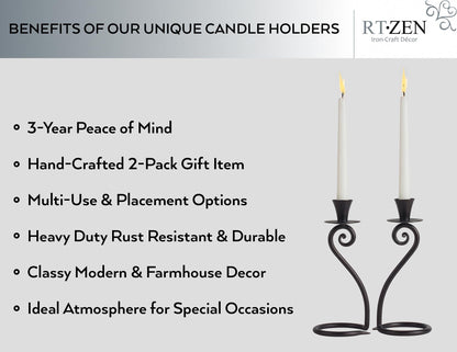 RTZEN Decorative Taper Candle Holders - Modern Wrought Iron Heart Shaped Large Farmhouse Candlestick Holders Stand 2 Pack Set - Black Tall Candle Holder for Table Centerpieces at Home or Events