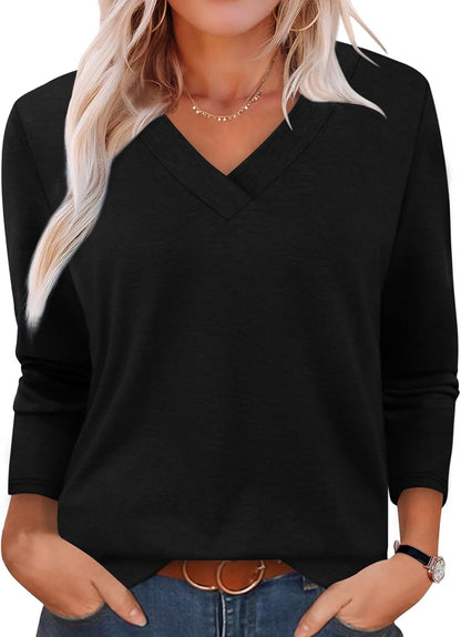 XIEERDUO Long Sleeve Shirts for Women V Neck Fall Tops Basic Tunic Tops Loose Fit Dressy 2025