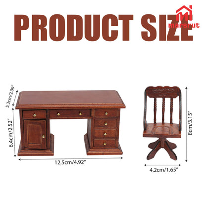 1/12 Scale Wooden Dollhouse Desk and Chair Set, Miniature Office Furniture, Computer Table Accessory, Retro Writing Simulation Doll House Accessories for Photo Props Scene