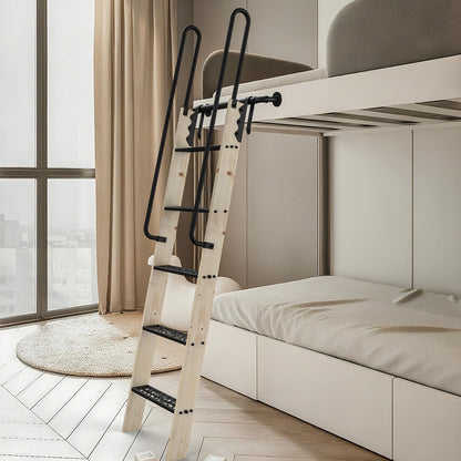 LKCBITION 60inch Knotty Pine Wood Library Ladder with Black Metal Step and Handle, Includes 24inch Rustic Black Wall Mount Pipe Railing with Hooks(Suitable Installation Height 58-3/4")
