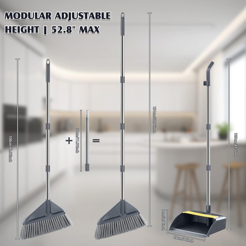 Broom and Dustpan Set for Home with 52 Inch Long Angled Handle - Stand Up Dustpan No Warping Metal Edge, Ergonomic Sweeping, 4 Layer Bristles and Hair Cleaning Teeth for Kitchen Office