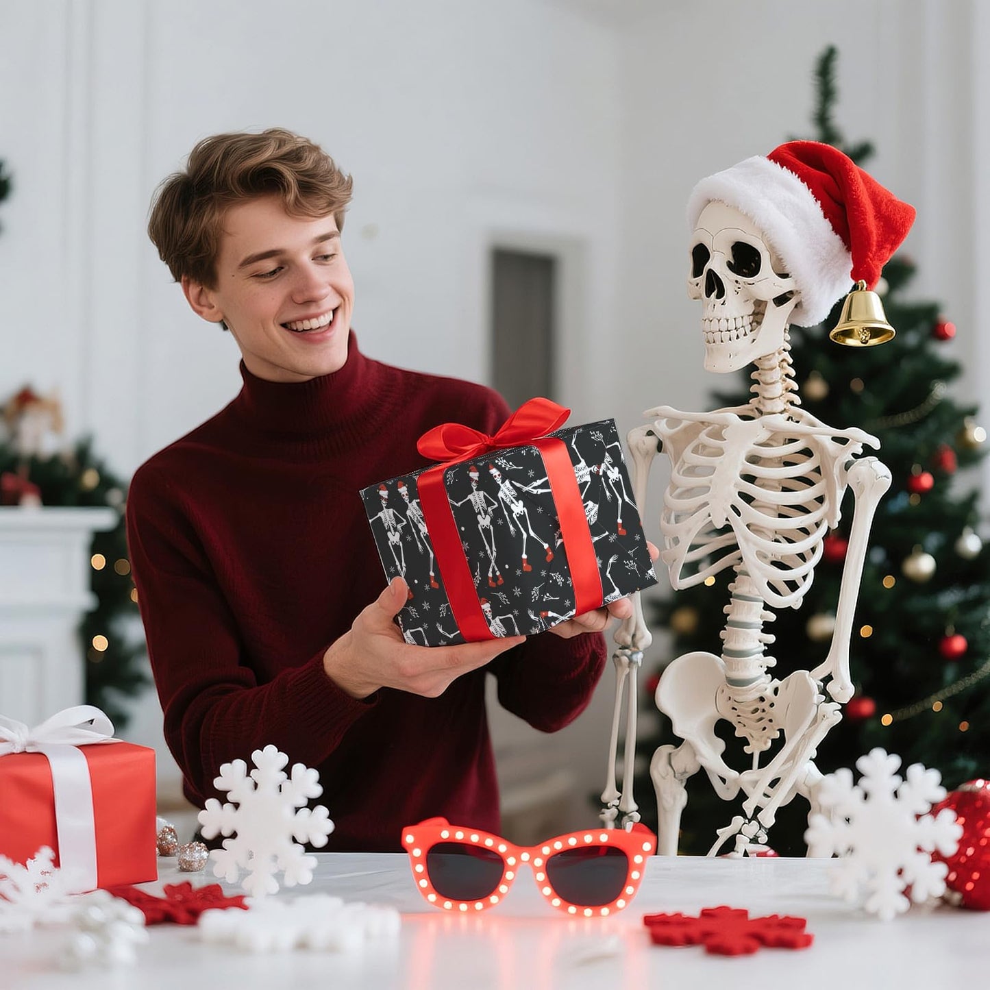 WRAPAHOLIC Funny Christmas Wrapping Paper - Mini Roll - 17 Inch x 16.5 Feet - Dancing Skeleton Wrapping Paper for Christmas Holiday, Party Celebration