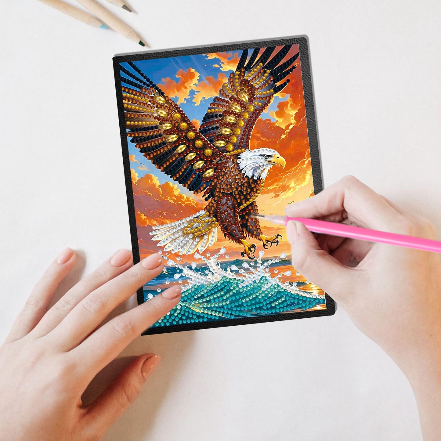 JISHSHAY Eagle Diamond Painting Notebook Journal Eagle Diamond Art Note Book Animal Gem Art Sketchbook Mosaic Kits for Adults Diary Gem Painting Leather Journal with Special Shaped Drills 5.7×8.26in