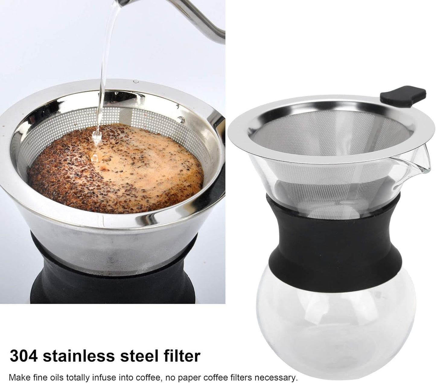 Fdit Reusable Glass Coffee Pot with Stainless Steel Filter, Manual Drip Coffee Maker Set (400ml)