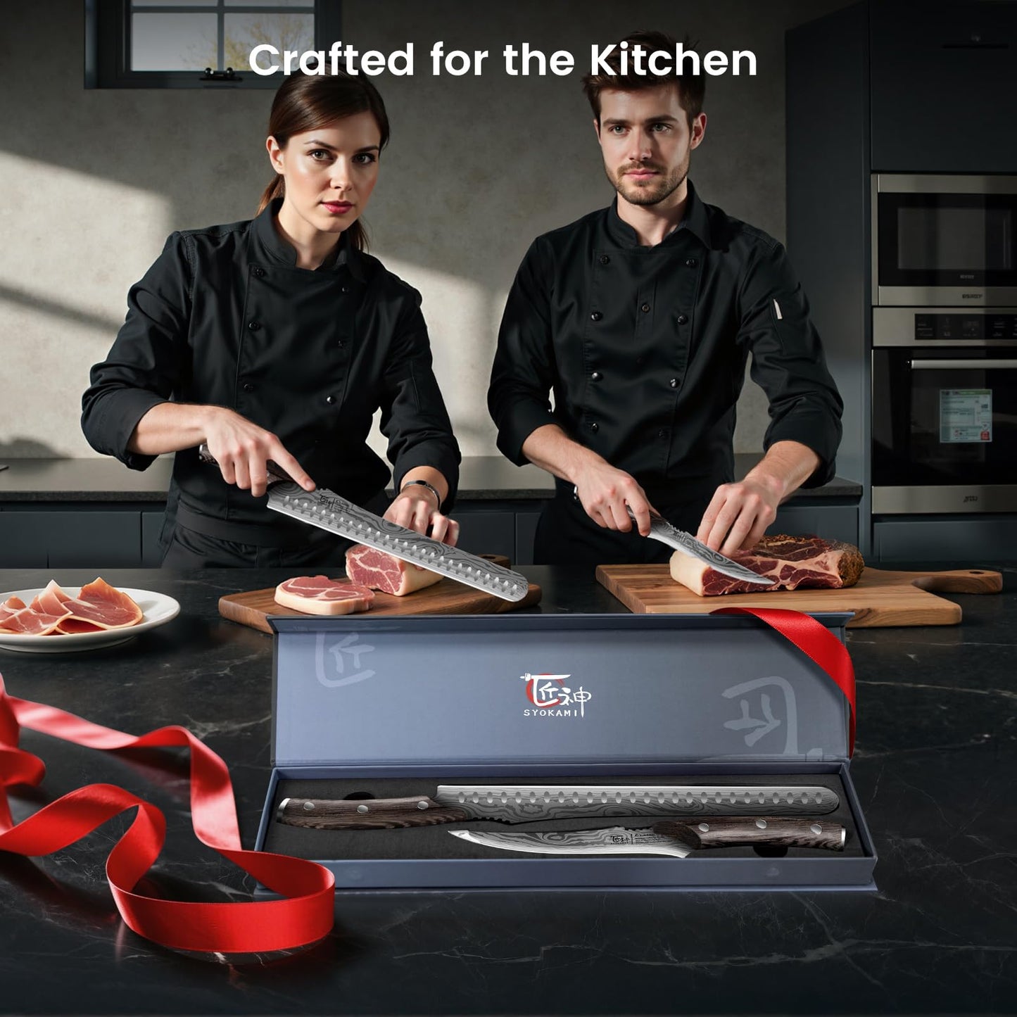 SYOKAMI Brisket Slicing Knife Set, Carving and Boning Knife for Meat & Turkey Cutting, Japanese Style High Carbon Steel Kitchen Knives Set For Home & BBQ, Wood Ergonomic Full Tang Handle, Ideal for Gift