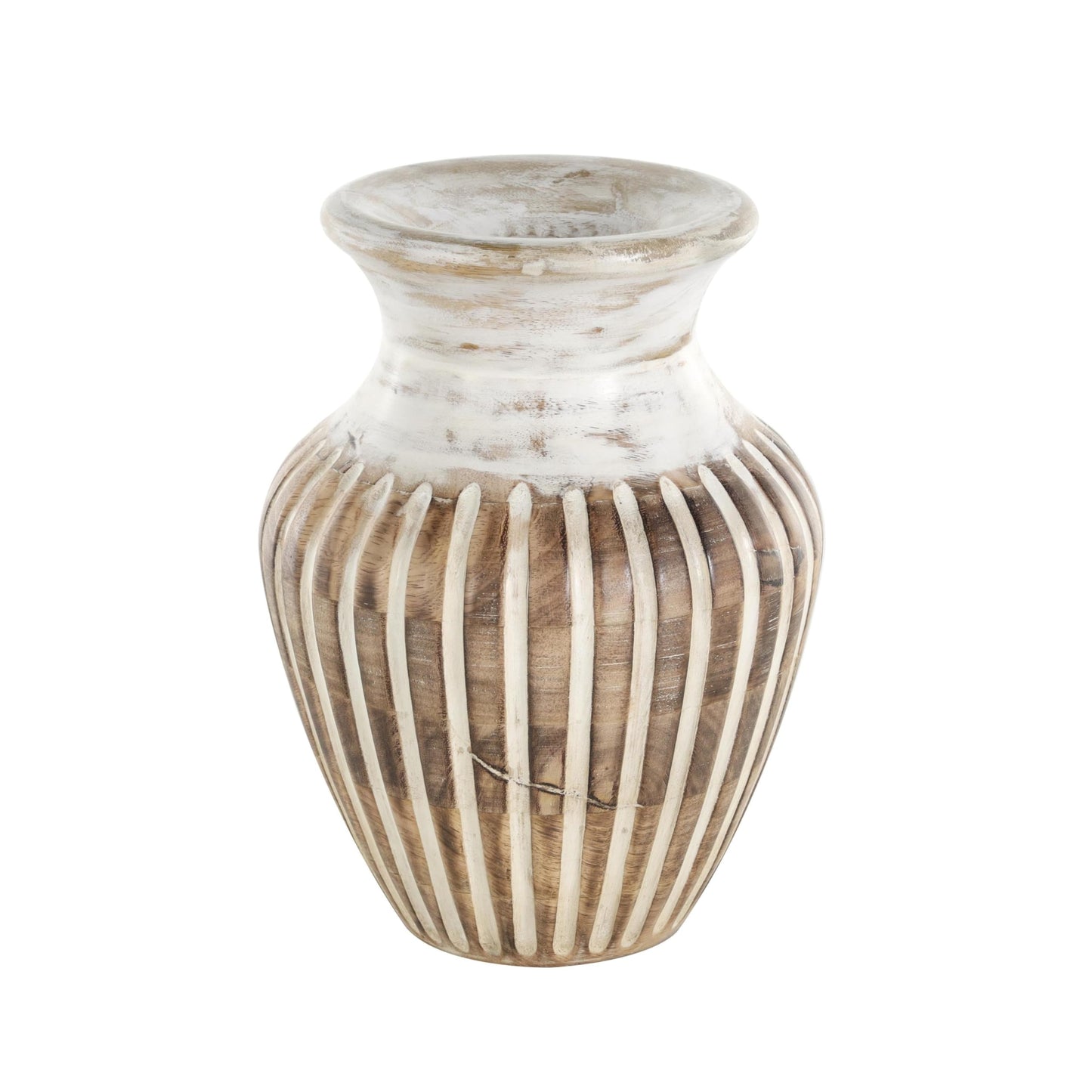 Deco 79 Mango Wood Decorative Vase Distressed Centerpiece Vase with Carved Grooves, Vase for Home Decoration 8" x 8" x 11", Brown