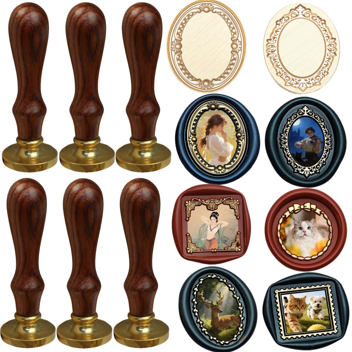 6-in-1 Vintage Embossed Frame Wax Seal Stamp Kit- Rectangle & Oval & Heart 3D Relief Photo Frame Seal Stamps with Wood Handle, Retro Sealing Wax Stamp for Wedding Invitations, Letters (6B)