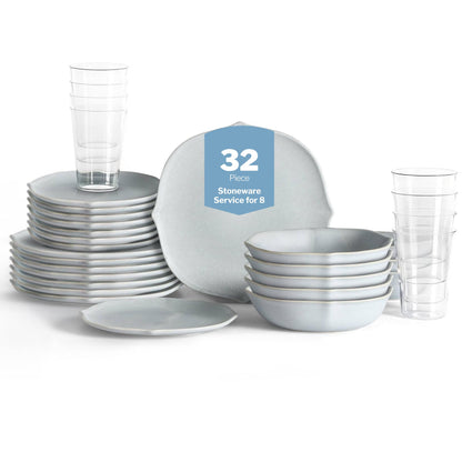 Stone Lain Baskerville 32-Piece Dinnerware Set Stoneware, Borosilicate Glass, Light Blue