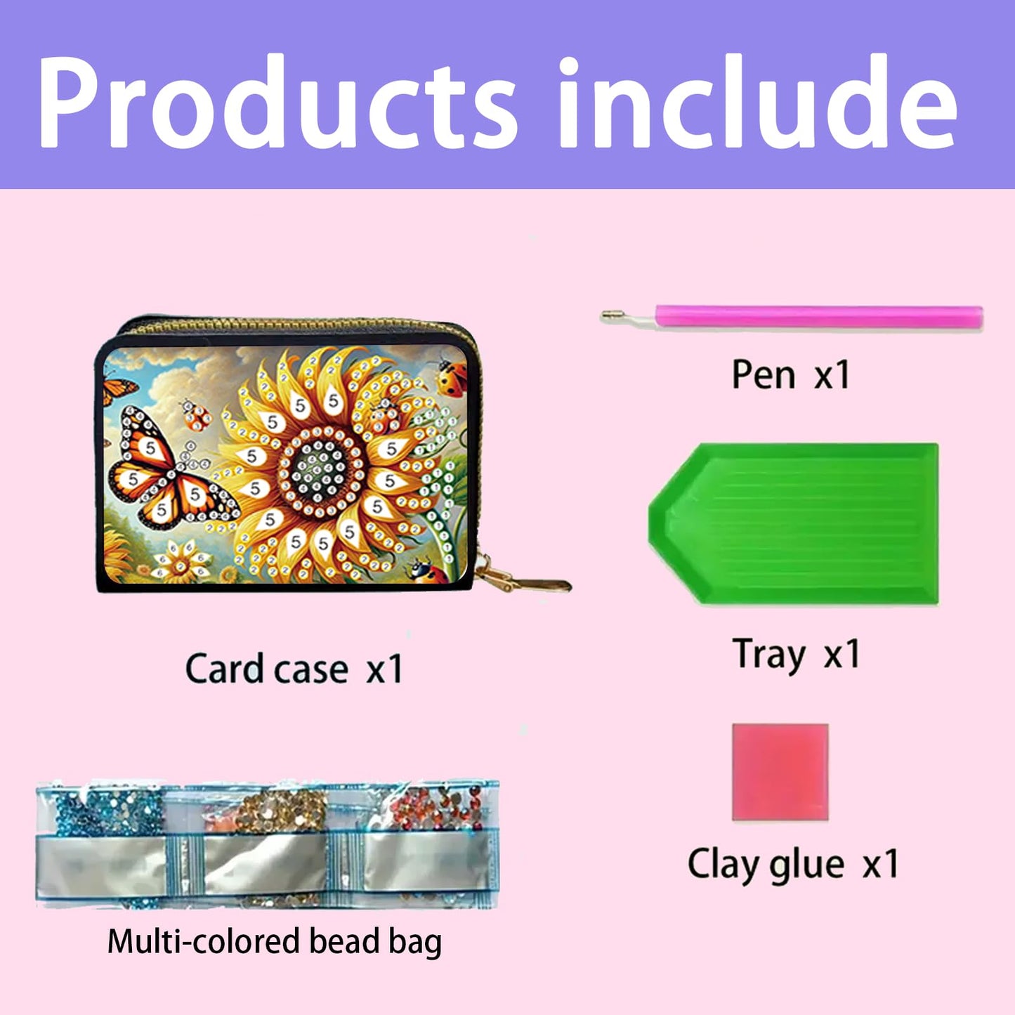 JZHYOAN Sunflower Diamond Art Credit Card Holder DIY Butterfly Pattern Zipper Business Small Wallet Coin Purse Keychain Gem Arts Card Holder Wallet Family Adult Man Woman Craft Gift
