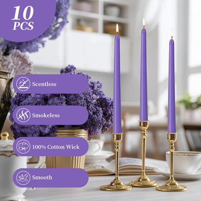 KONNI 0.87×10 Inch Violet Taper Candles, Unscented and Smokeless Tall Candlesticks, 10 Pack Tapered Candles with Cotton Wicks, Long Burning, Ideal for Weddings, Dinner Parties, and Home Décor