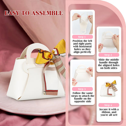 yadiana 12 Pack Pu Leather Purse Gift Bags with Handle, Cute Wedding Candy Purse Gift Boxes with Ribbon, Reusable Mini Party Favor Bags for Baby Shower Birthday Christmas Halloween Decoration (White)