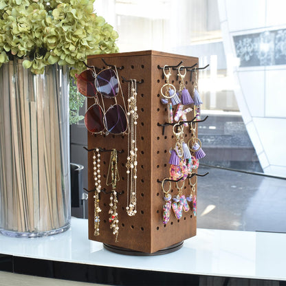 MOOCA Wooden Rotating Four-Sided Pegboard Jewelry Accessories Rack, Rotating Jewelry Display with a Lid for Large Inner Storage Space, 48 Removable Black Hooks, Brown Color