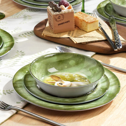 Skiennix 12-Piece Melamine Dinnerware Set - Lightweight Shatterproof Plates & Bowls for 4 | Green Bunny Design, Ideal for Picnics & Outdoor Parties