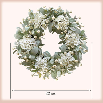 Idyllic 22 Inch Lambs Ears Leaves Everyday Wreath with Ivory Hydrangea and Cream Berries, Spring Summer Greenery Wreath with Burlap Ribbon Bow Knot for Doors, Rustic and Farmhouse Style Home Decor