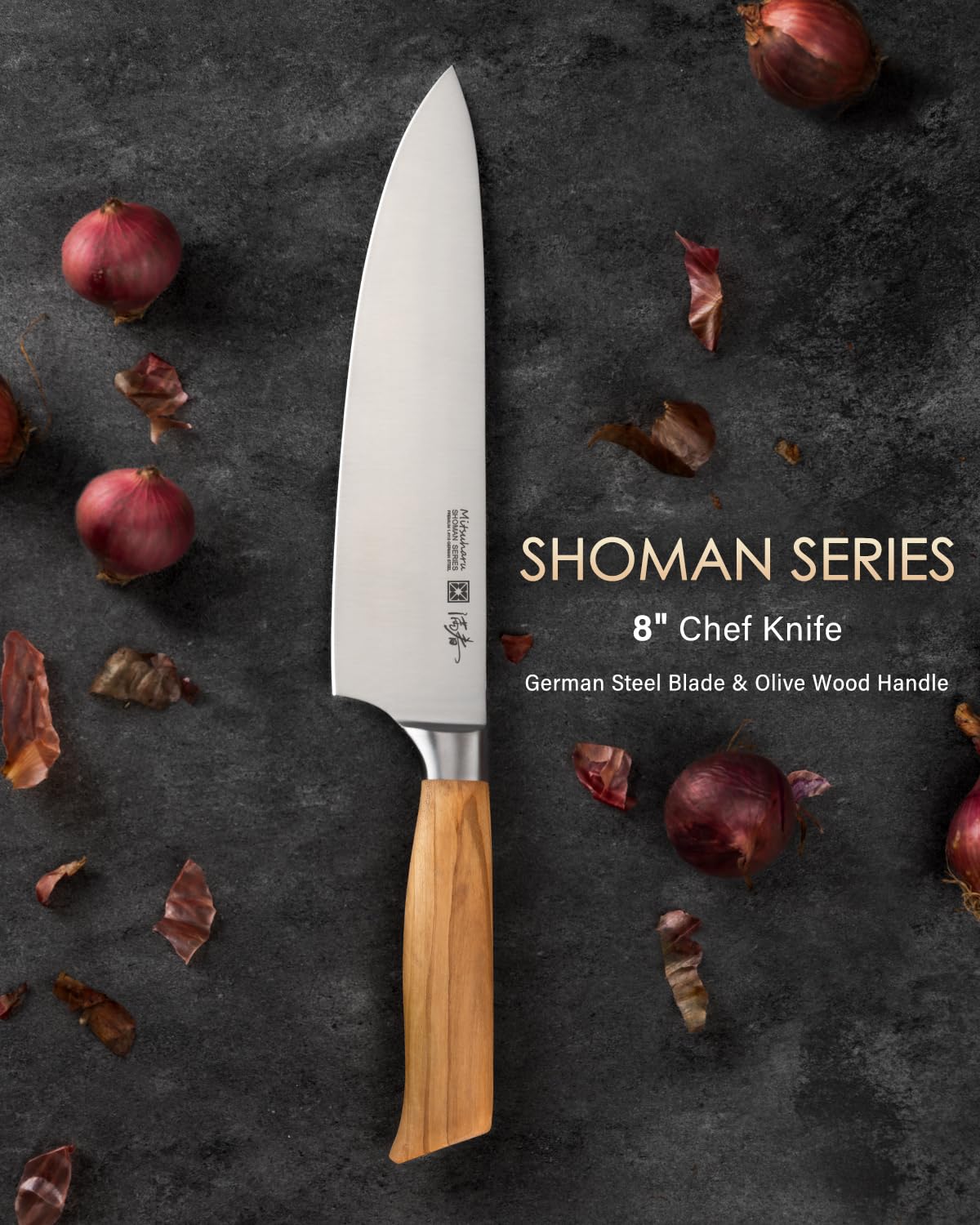 Mitsuharu 8 Inch Chef Knife, SHOMAN Series Meat Cutting Knife with Olive Wood Handle, German Steel Chef's Knife for Kitchen Cooking, Ultra Sharp Cutting Chopping Knife for Vegetable Fruit with Case