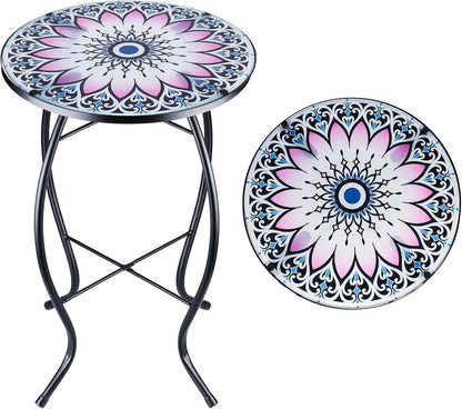 14 MUMTOP Side Patio Tables-Mosaic Outdoor Side Table - Flower Glass Accent Round EndTable, Plant Stand Indoor Small